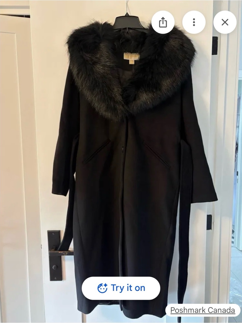 Michael Kors Black Wool Coat with Faux Fur Collar